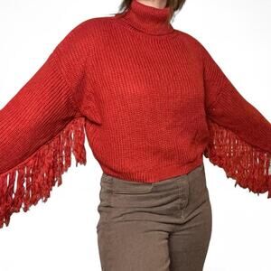 Red Fringe Turtleneck Cropped Ribbed Knit Sweater Sz L Western Cottage Cowgirl